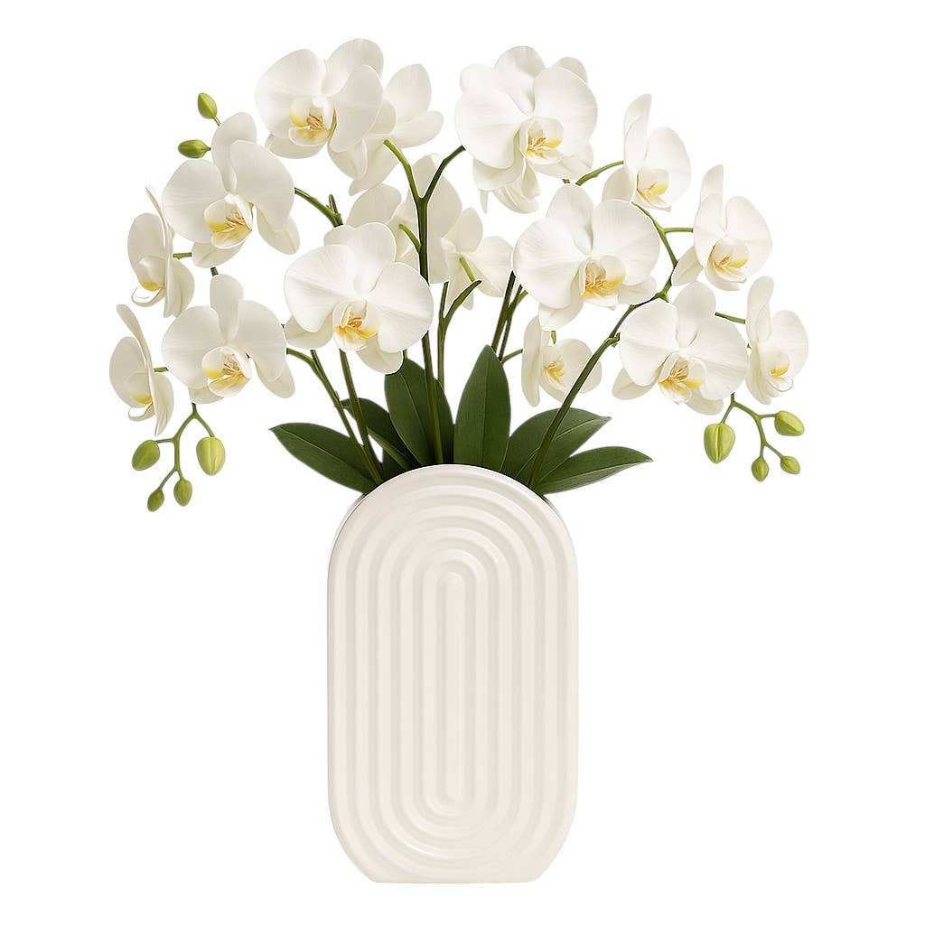 Ceramic Oval Ridged Decorative Vase - White, 11 in.