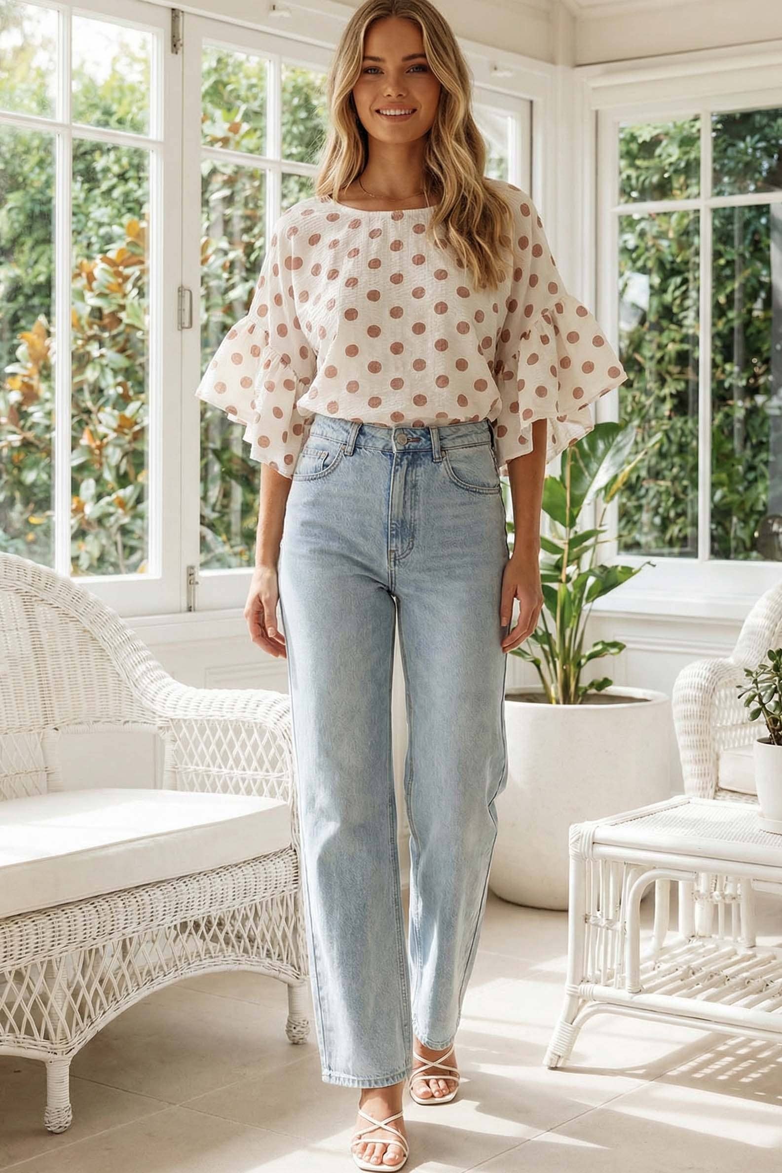 Polka Dot Wild Ruffle Sleeve Flowy Blouse Top - Blue or Blush