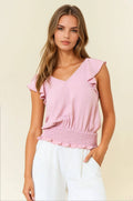 V-neck Ruffle Top With Smocking Band