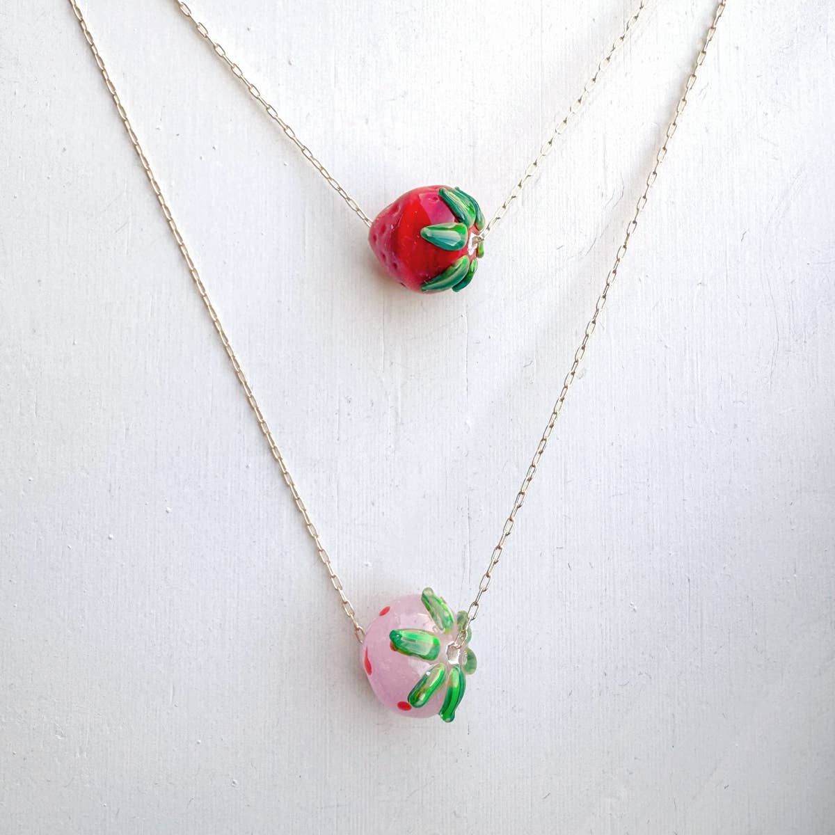 Red Lampwork Strawberry Glass Pendant Bead Necklace - Gold Filled Chain