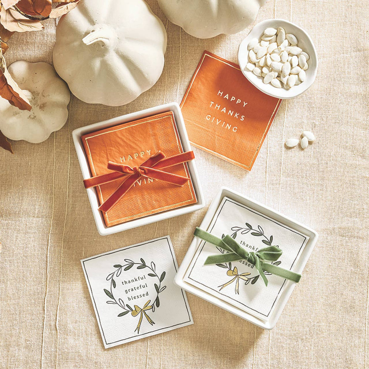 Ceramic Napkin Tray + Napkins - Happy Thanksgiving