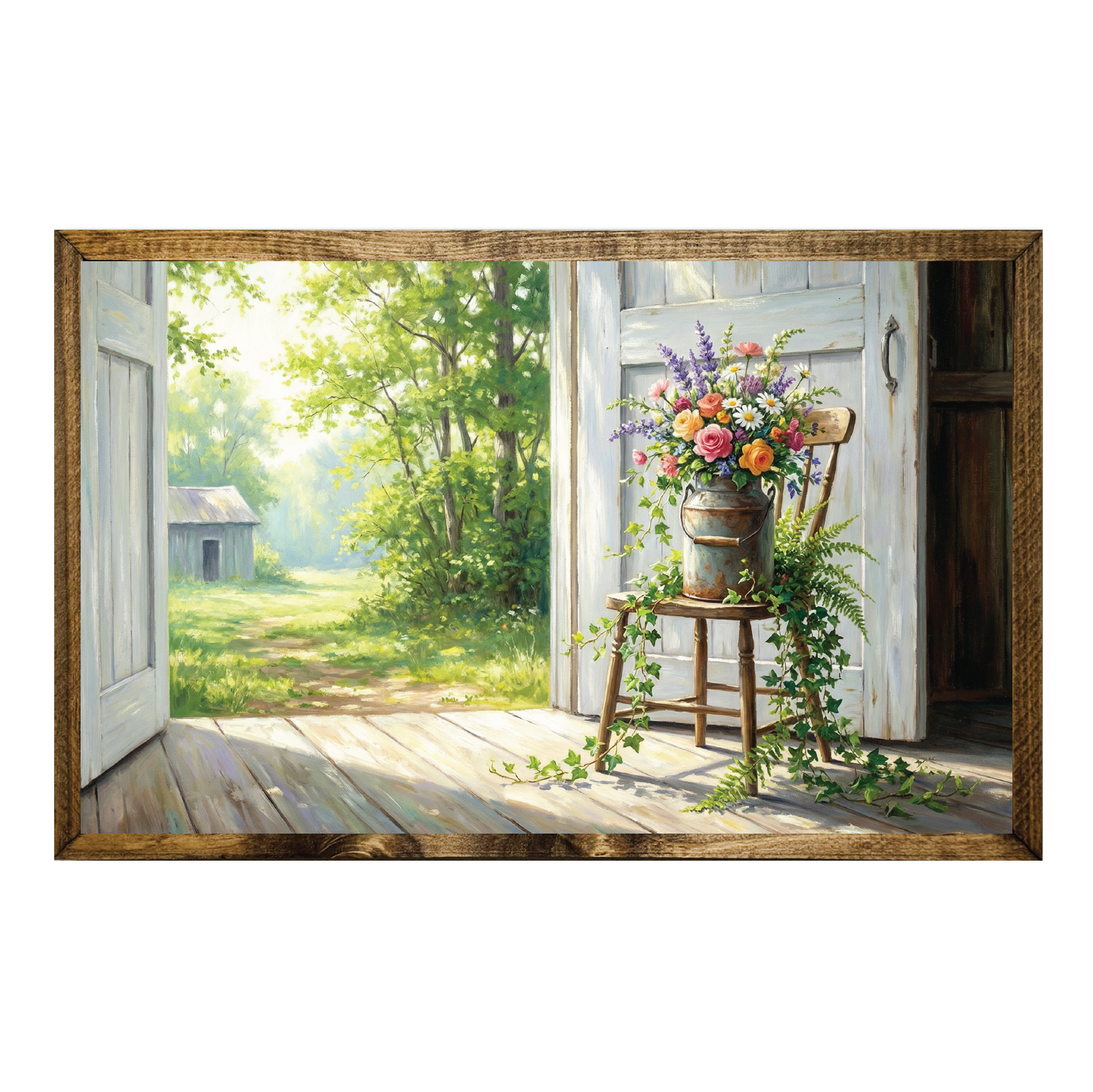 Timberland Frame Oil Painting Floral Metal Can in Barn
