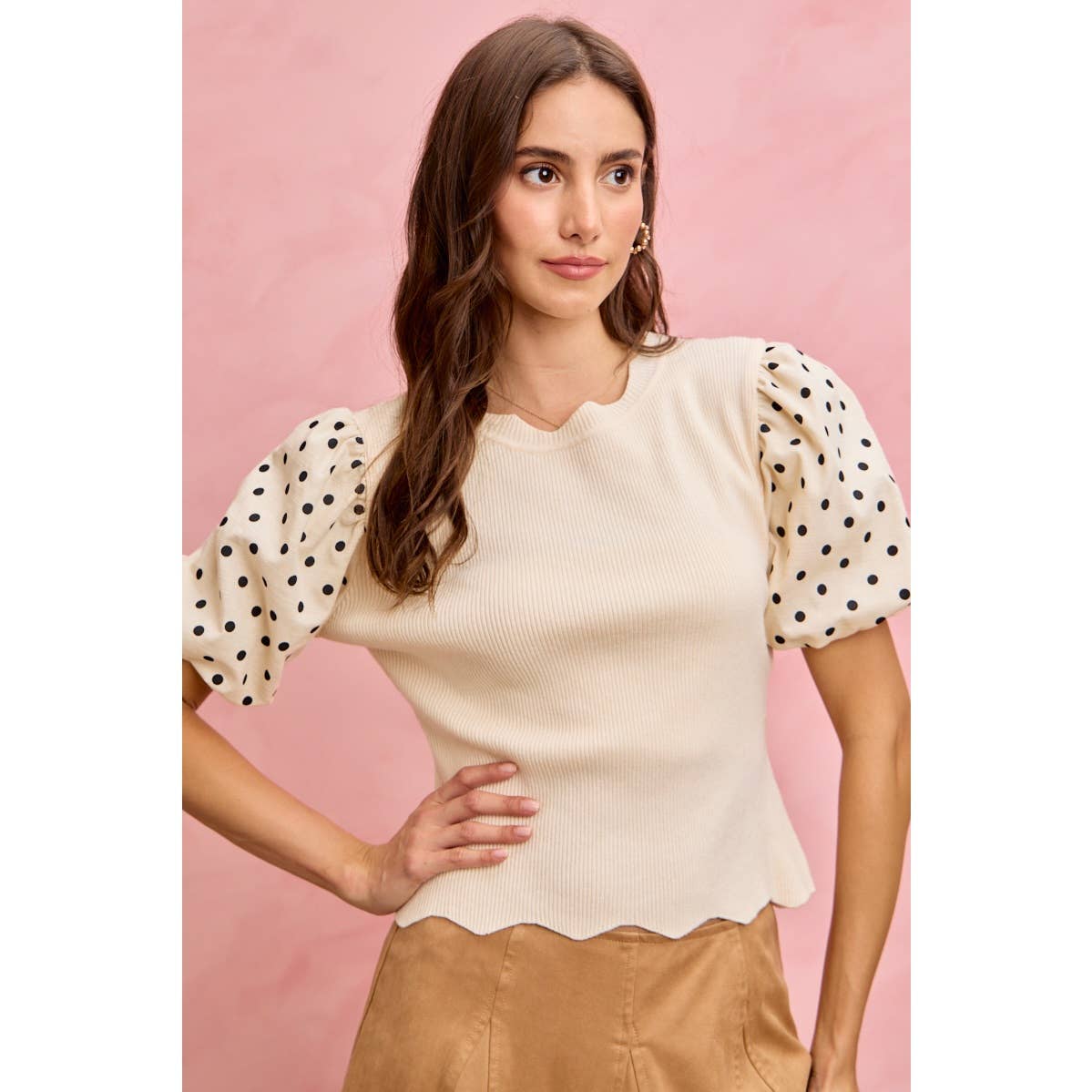 Polka Dot Contrast Woven Balloon Sleeve Top