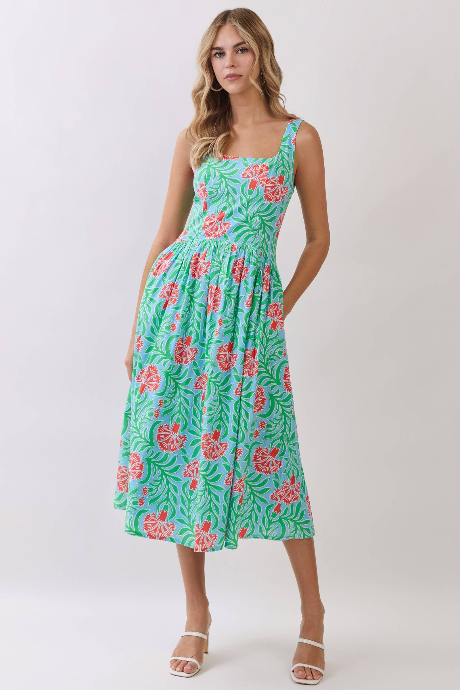 Tropical Floral Print Smocked Back Midi Dress