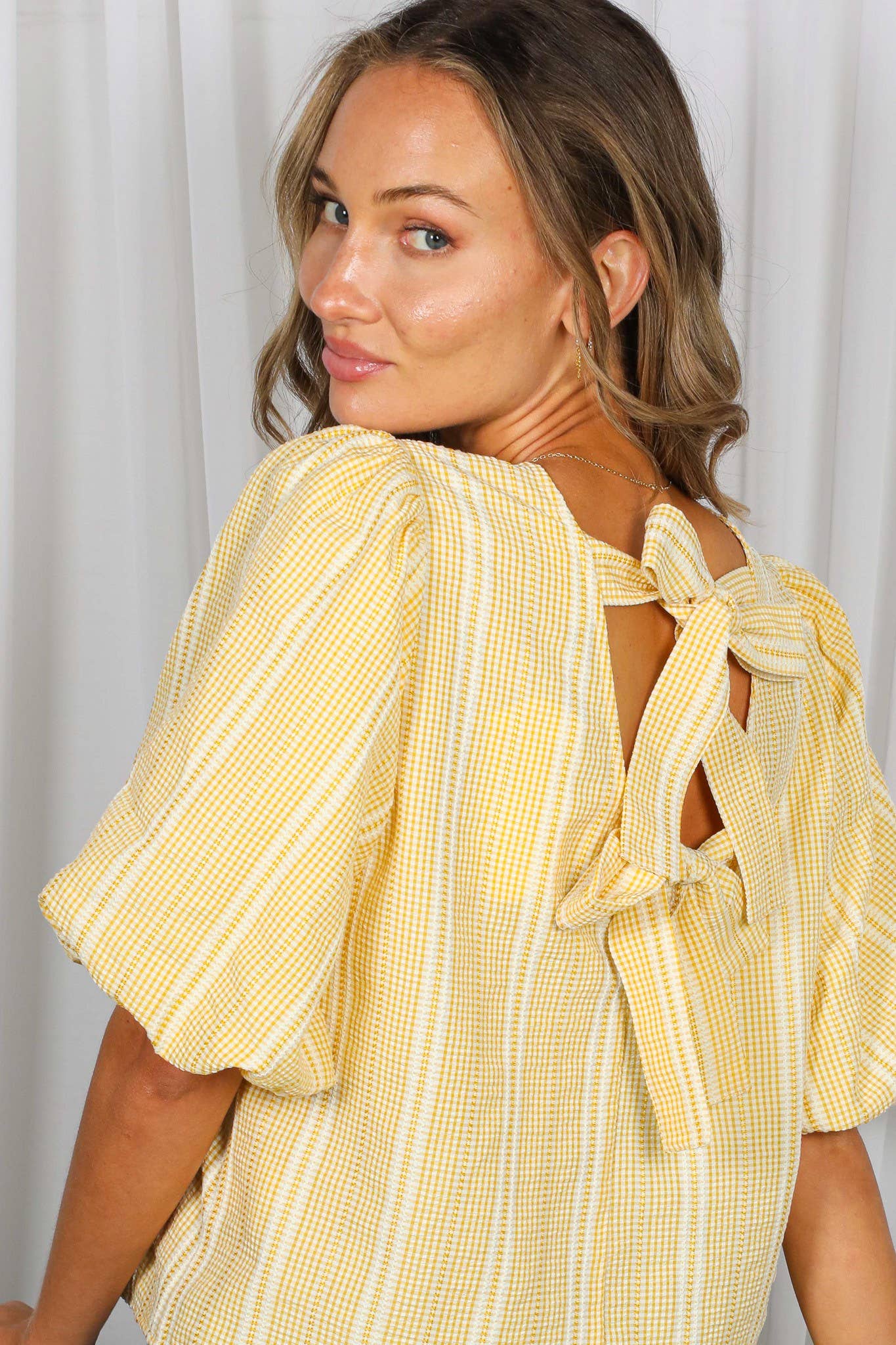 V-Back 2 Bow Accent Feminine Plaid Blouse