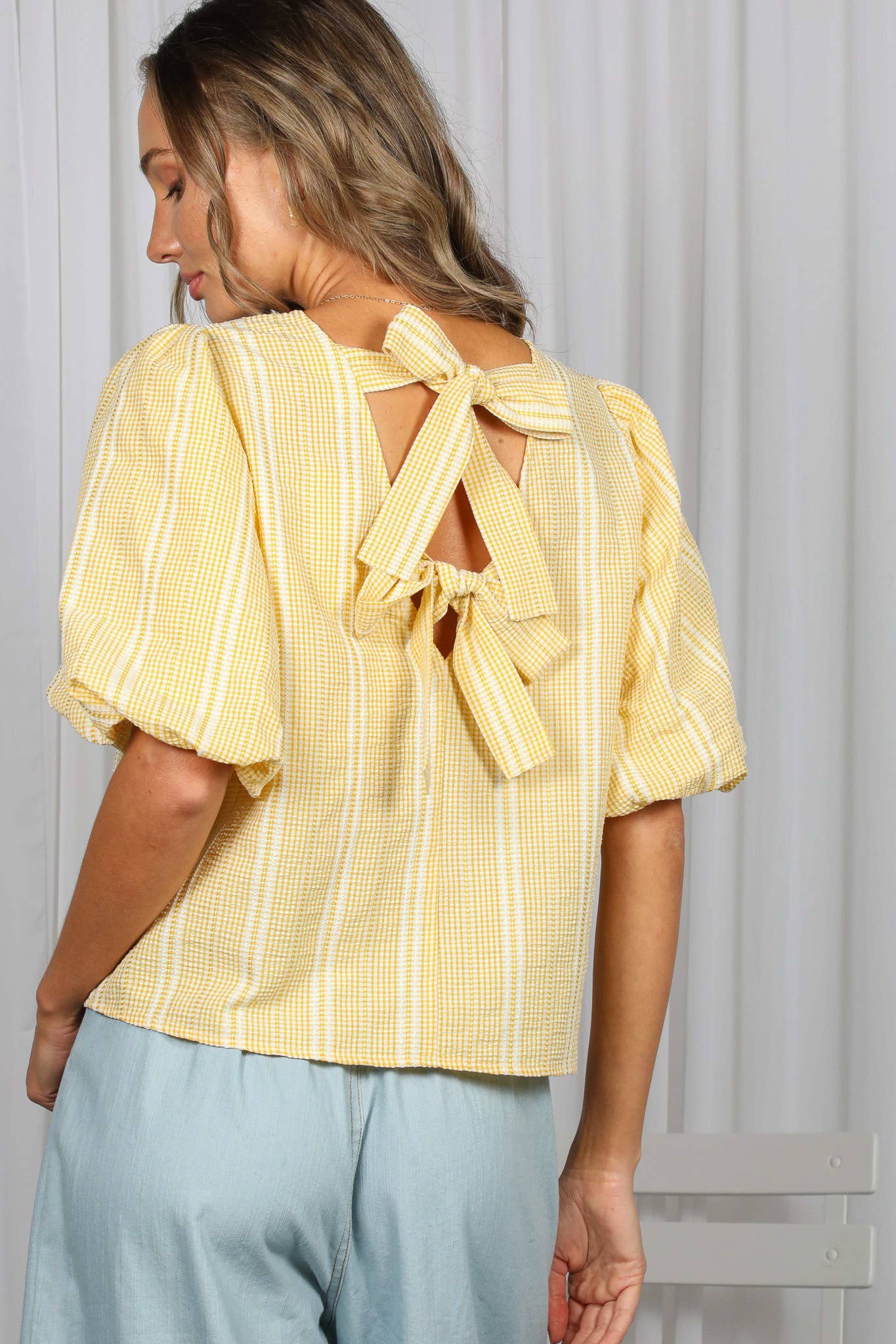 V-Back 2 Bow Accent Feminine Plaid Blouse