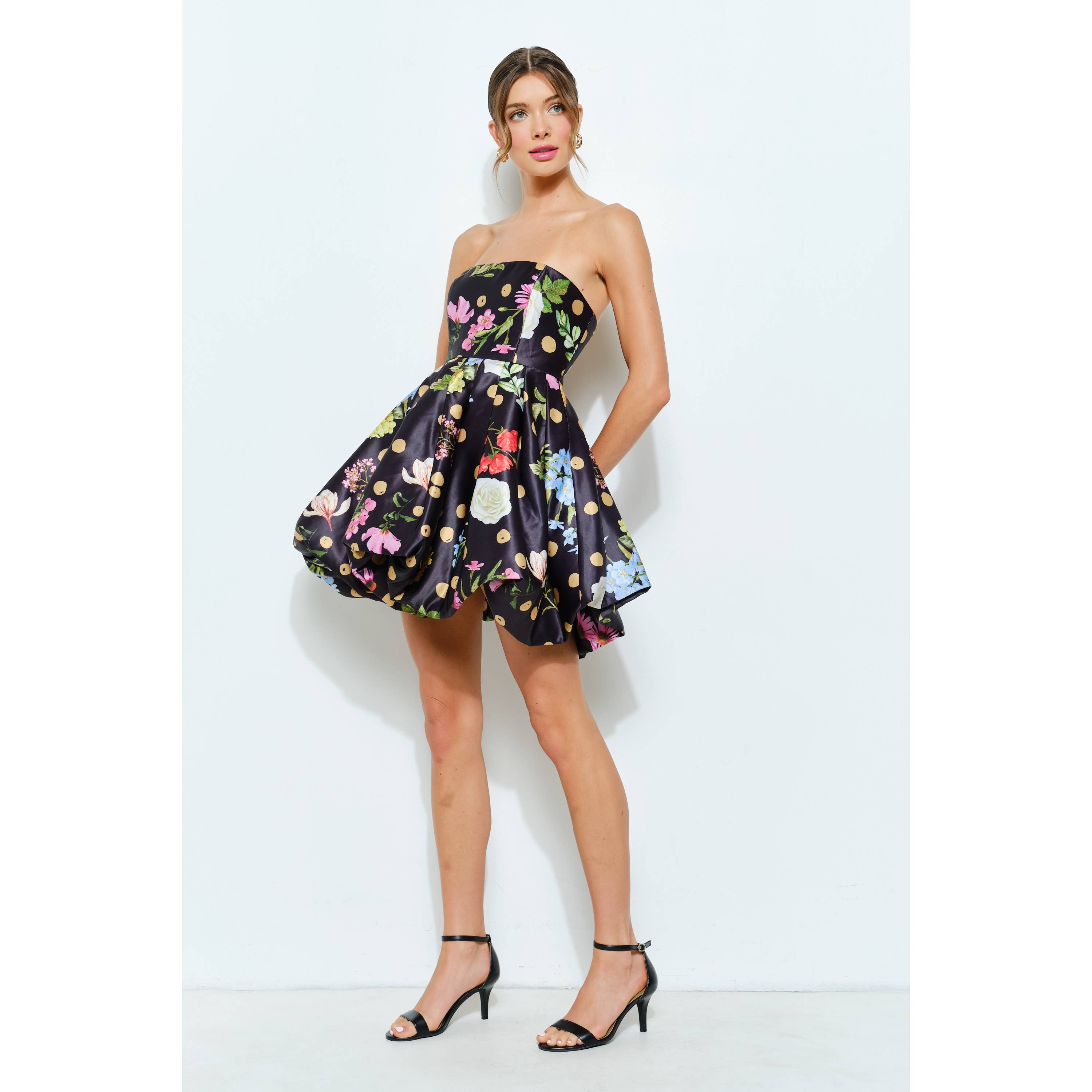 Bubble Hem Floral Dot Print Strapless Mini Dress