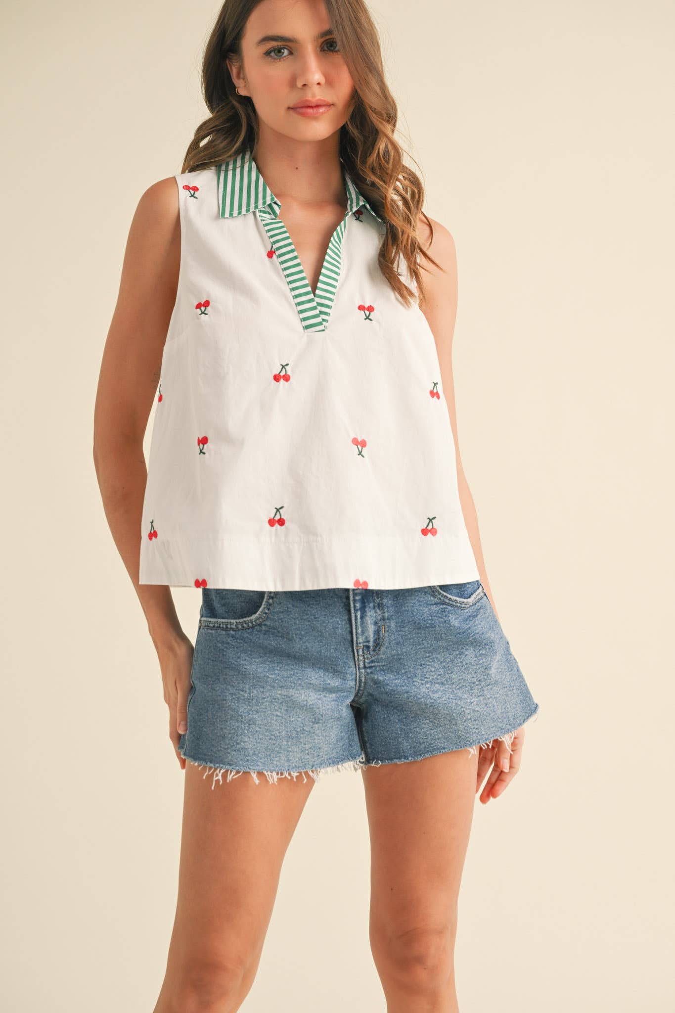 Cherry Embroidery Collared Tank