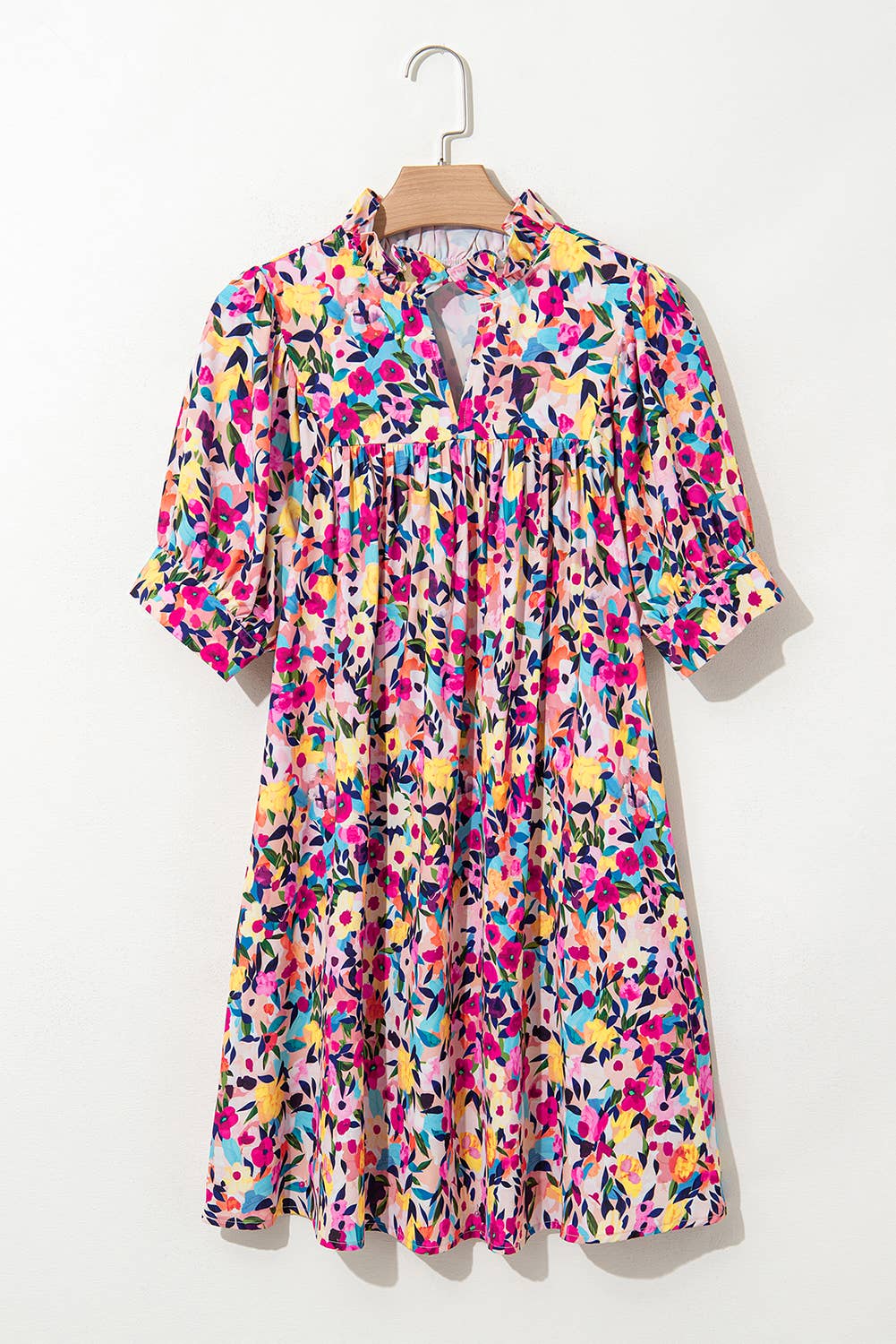 Meadow | Floral Puff Short Sleeve V Neck Mini Dress