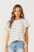 Cuff Sleeves Striped Top with Chest Pocket