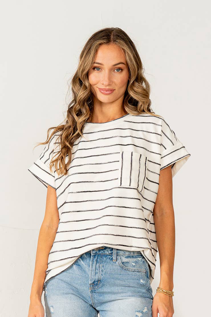 Cuff Sleeves Striped Top with Chest Pocket