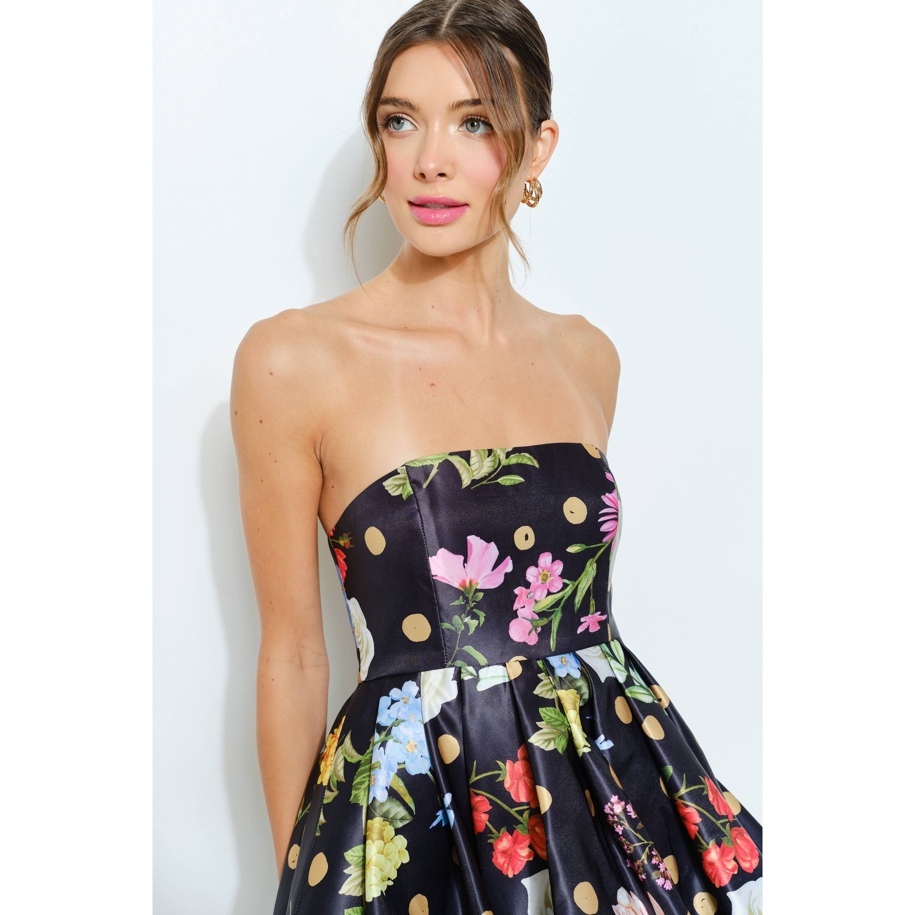 Bubble Hem Floral Dot Print Strapless Mini Dress