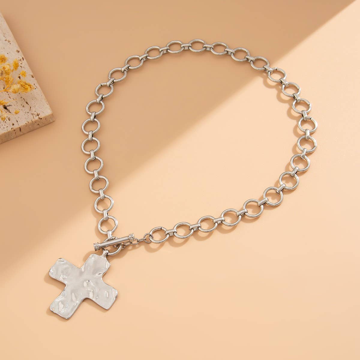 Notable Hammered Cross Front Toggle Necklace - Gold or Silver