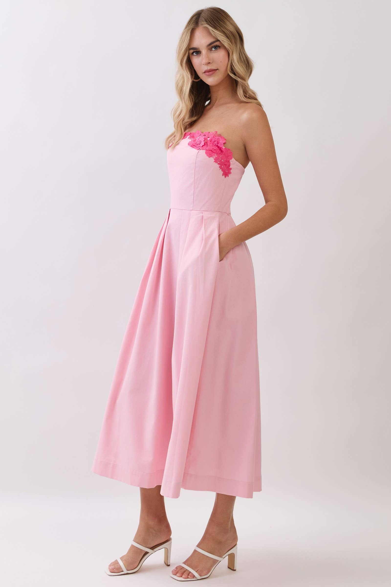 Pink Floral Applique Detail Strapless Midi Dress