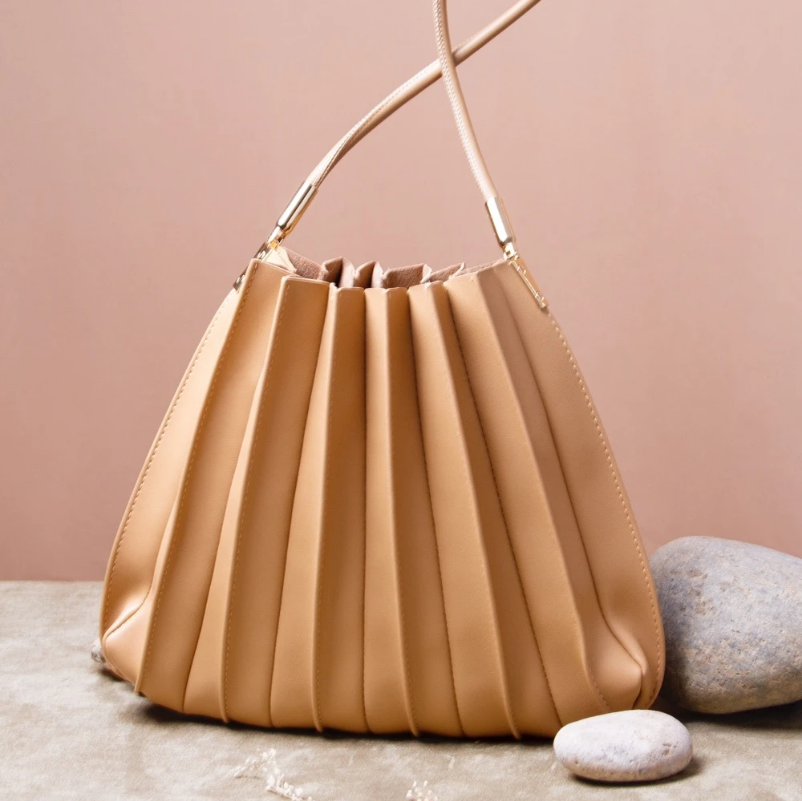 Carrie Taupe Pleated Vegan Leather Shoulder Bag