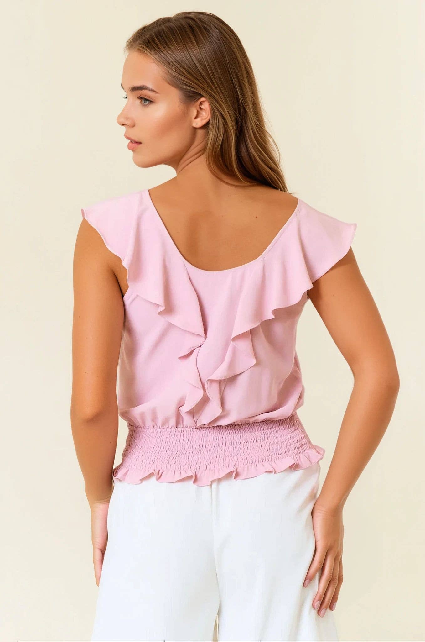V-neck Ruffle Top With Smocking Band