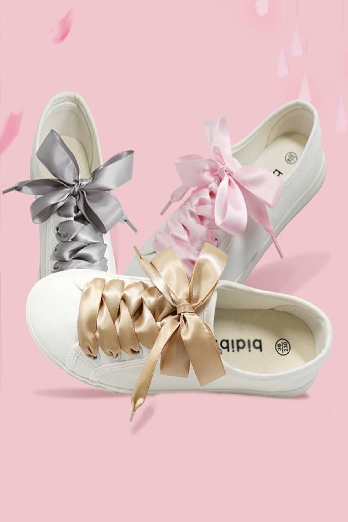 Silk Satin Ribbon Bow Shoe Laces - Pink, Gold, or White