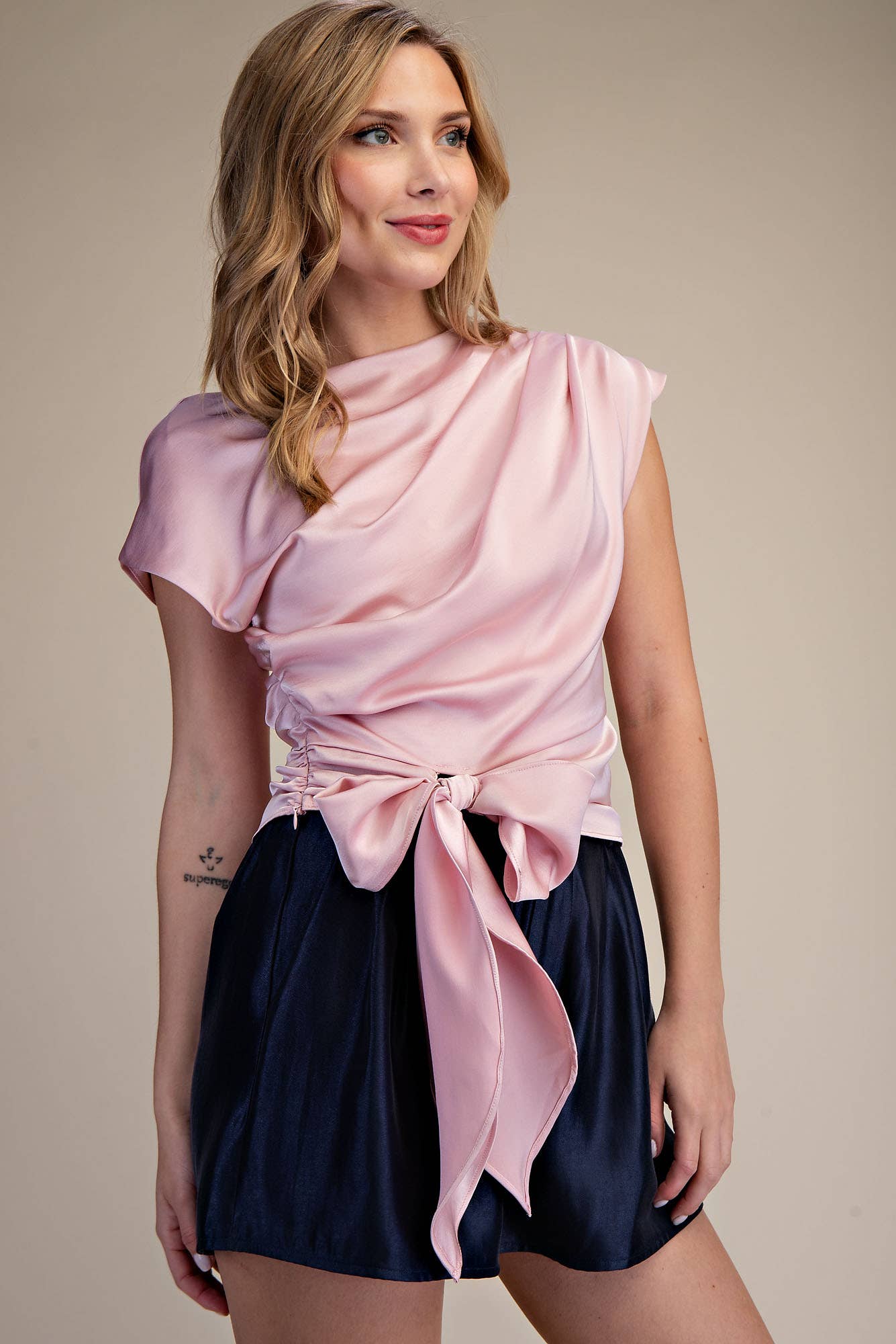 Boat Neck Waist Tie Blouse