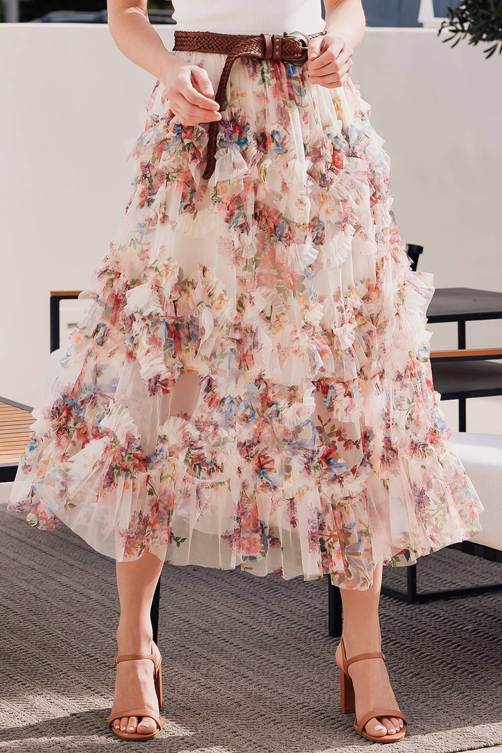 Floral Ruffled Mesh Midi Skirt with Lining