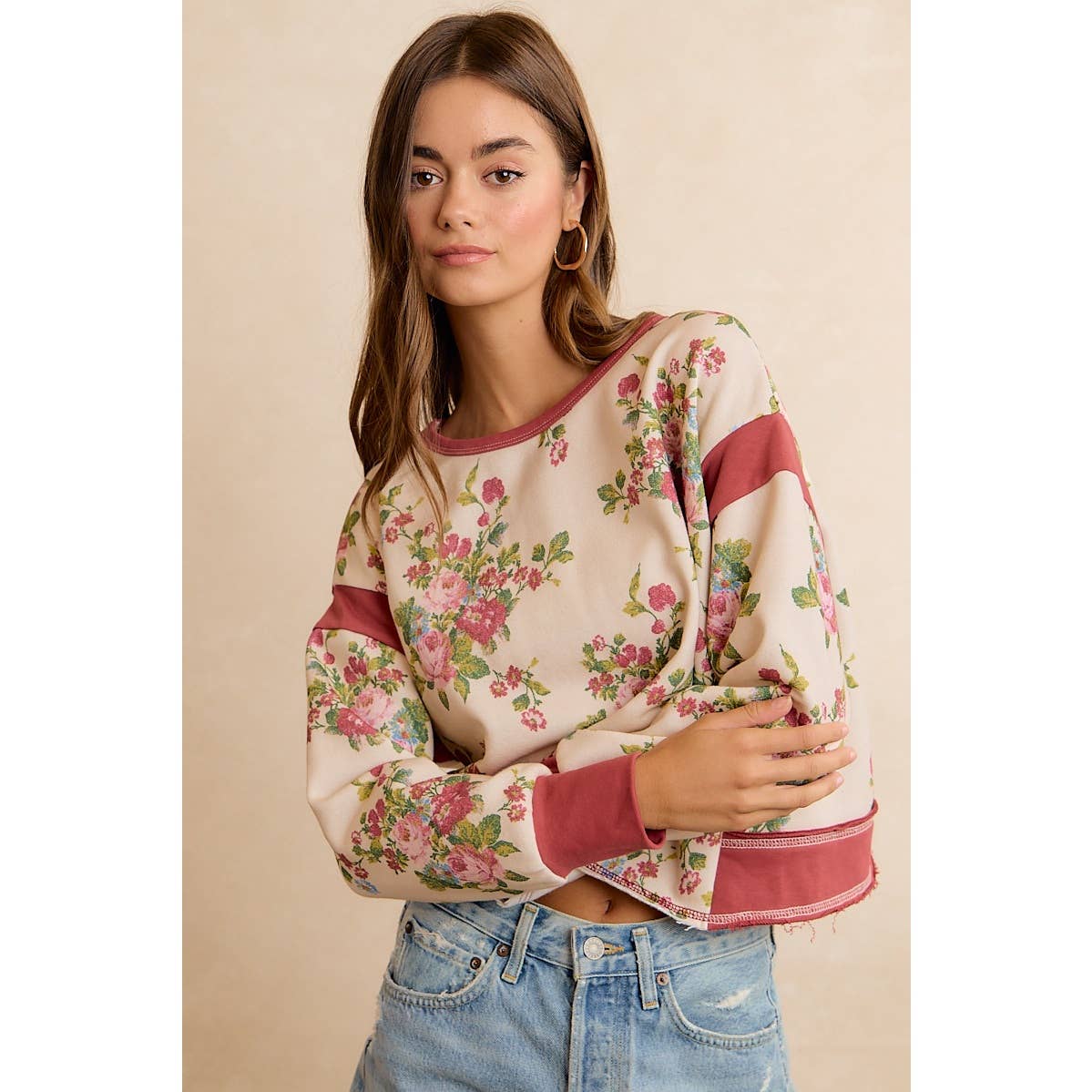 Floral Brushed Terry Open Back Long Sleeve Top