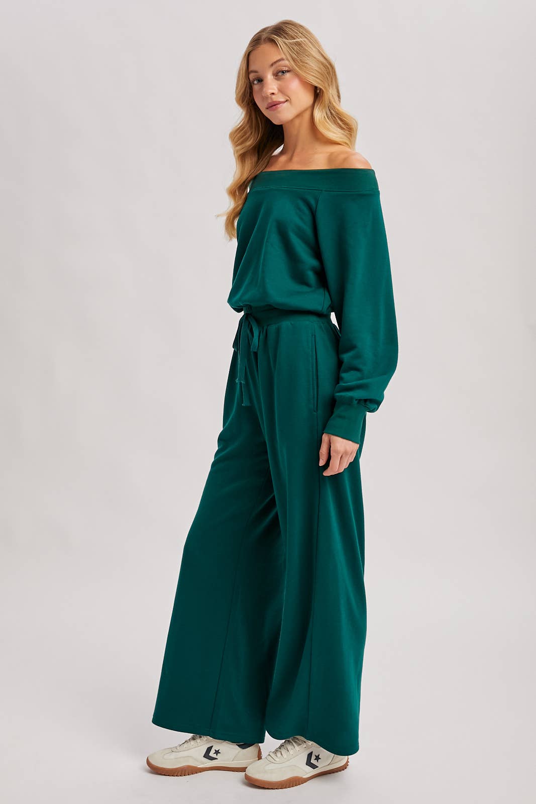 Wide Neck Knit Jumpsuit - Hunter Green