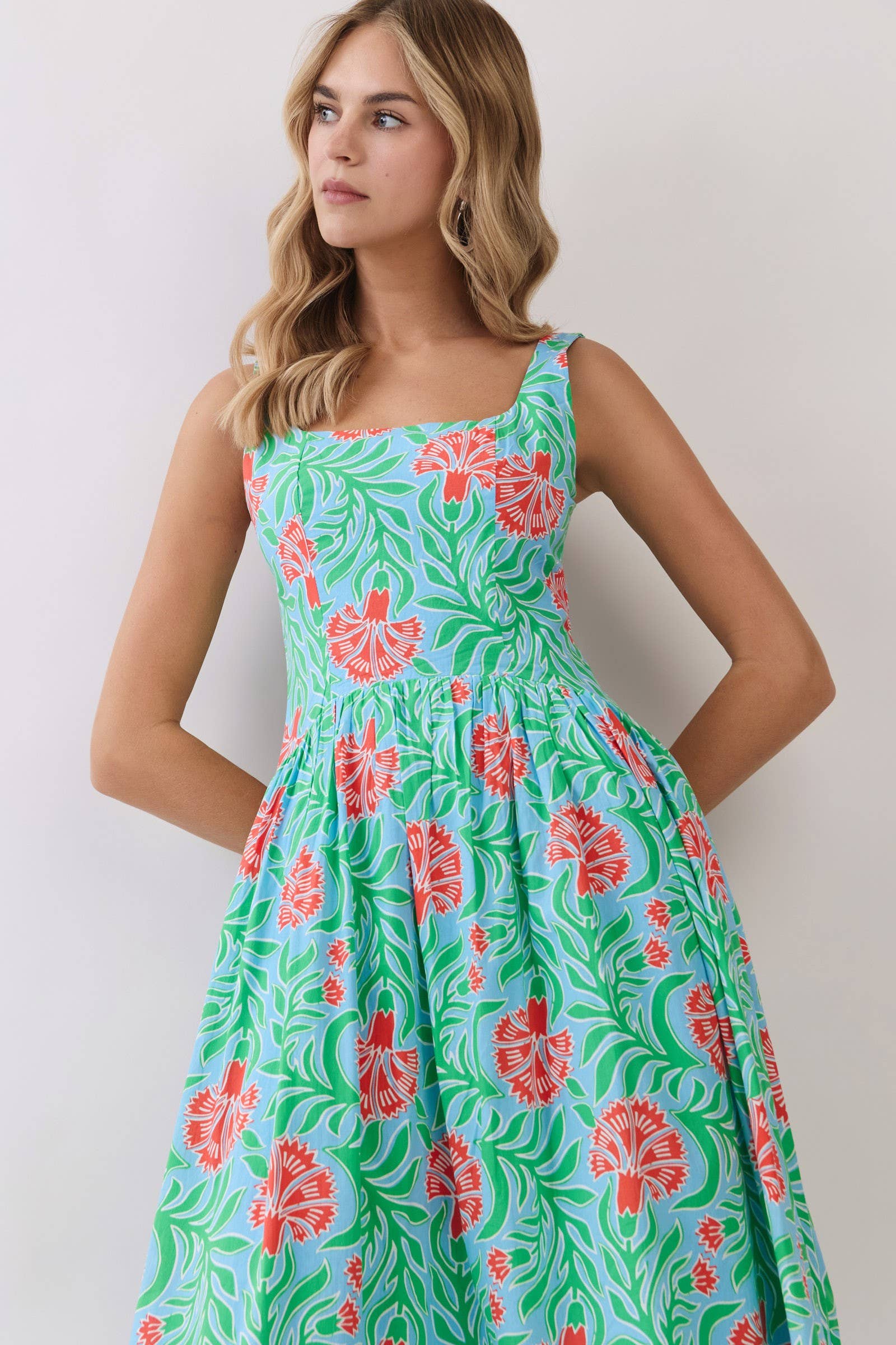 Tropical Floral Print Smocked Back Midi Dress