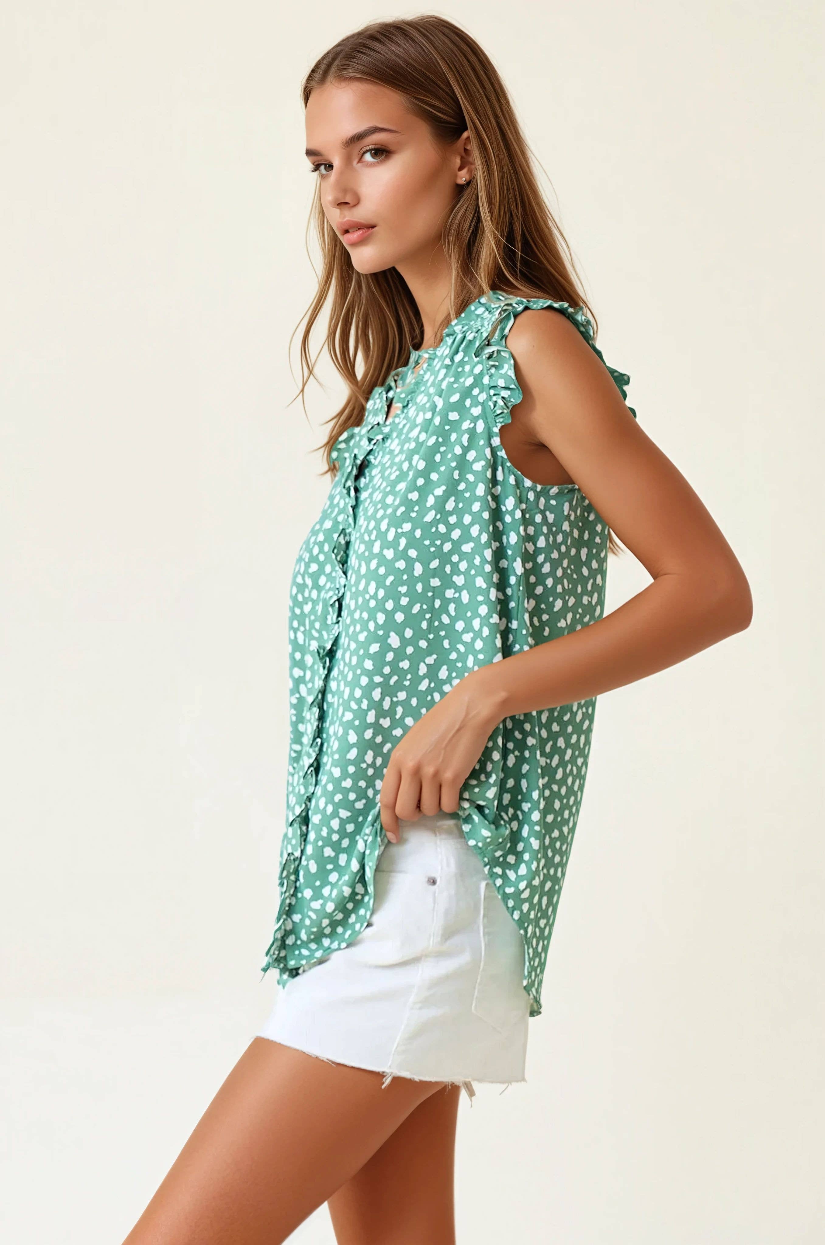 Green Smocked Print Frilled Top