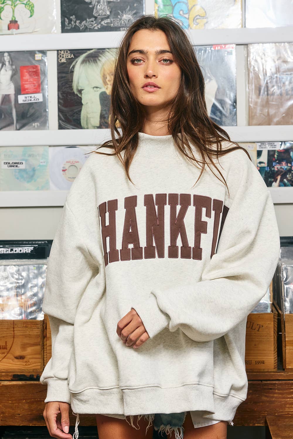 THANKFUL Applique Embroidery Mock Neck Sweatshirt