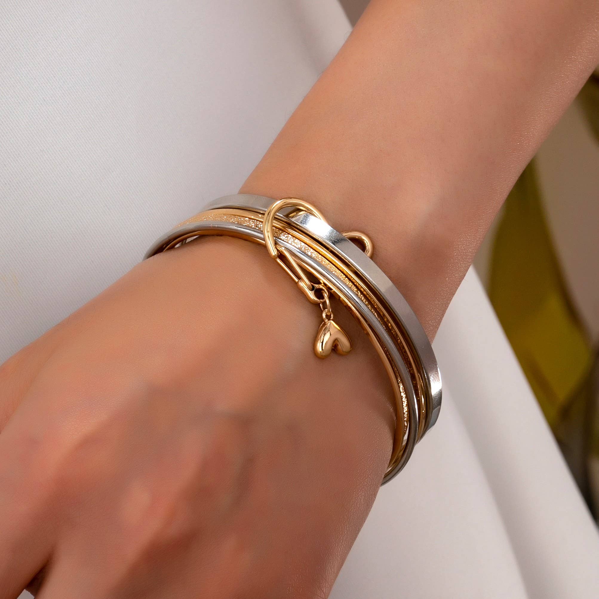Gold Silver Heart Linked Multi Bangle Bracelet Set
