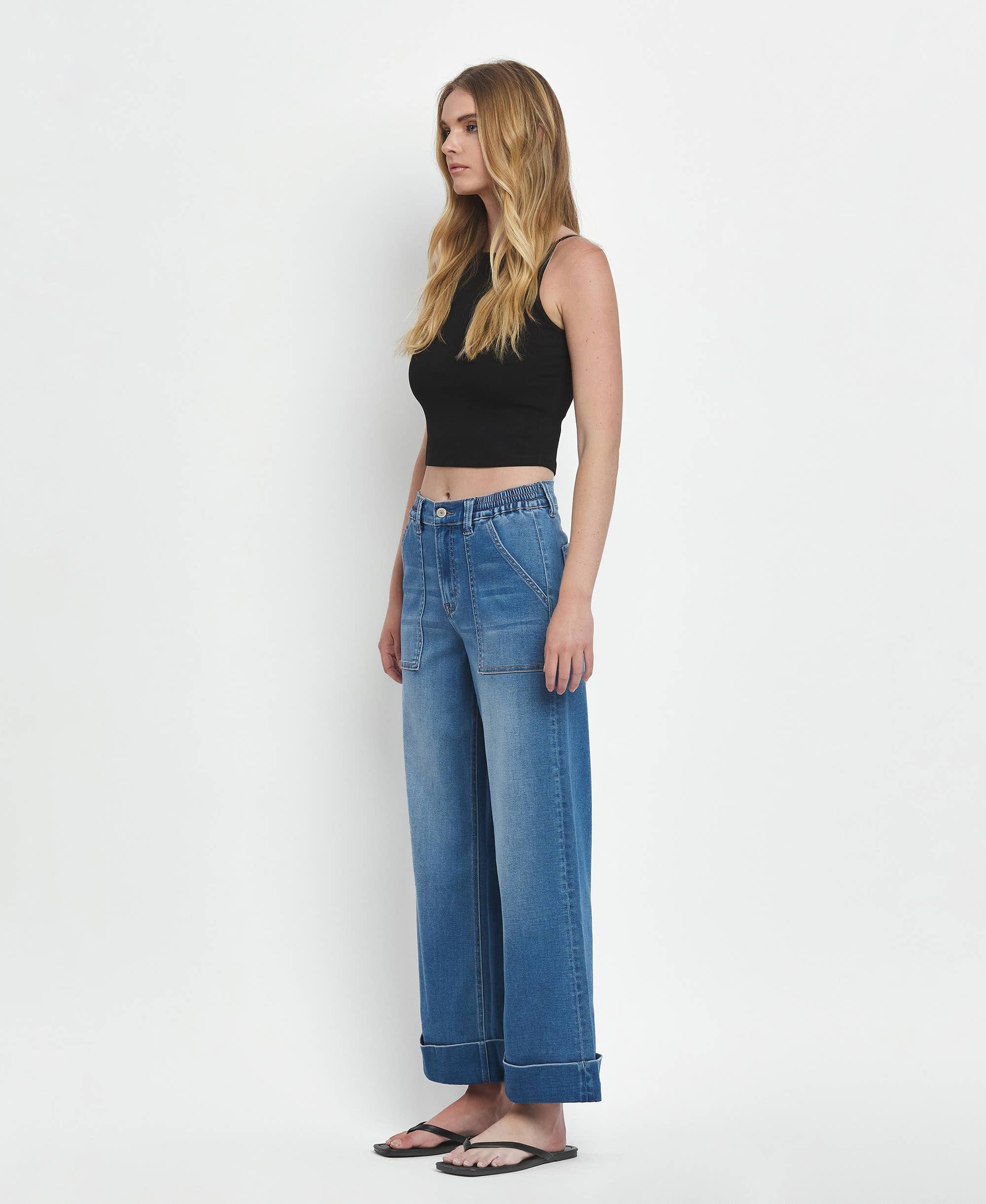 VERVET High Rise Double Cuffed Baggy Wide Cropped Jeans