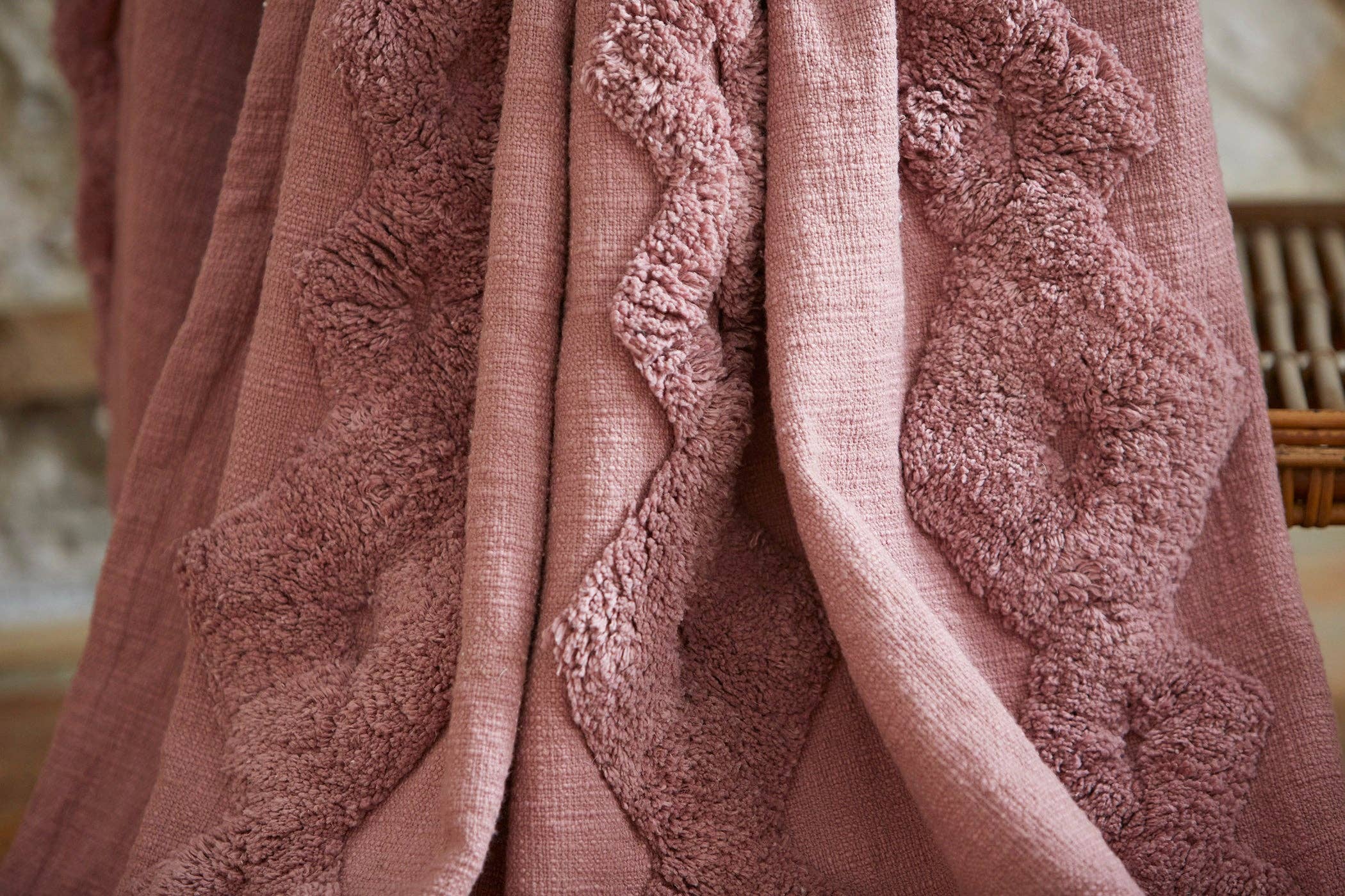 Faded Mauve - Diamond Stripe Tufted Cotton Slub Throw/Blanket