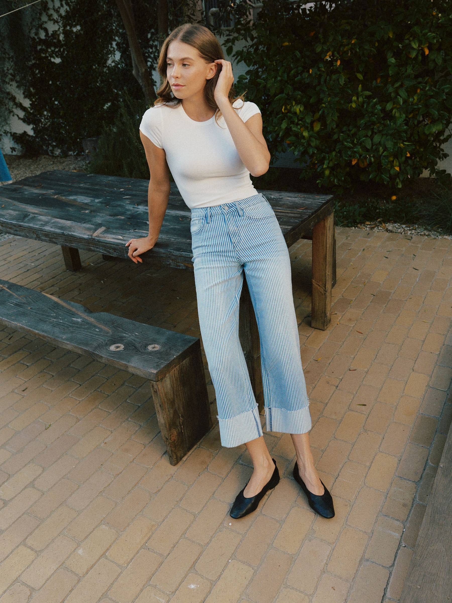 High Rise Cuffed Striped Crop Wide Jeans