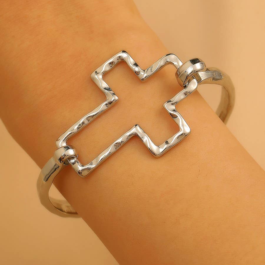 Hammered Open Cross Bangle - Silver