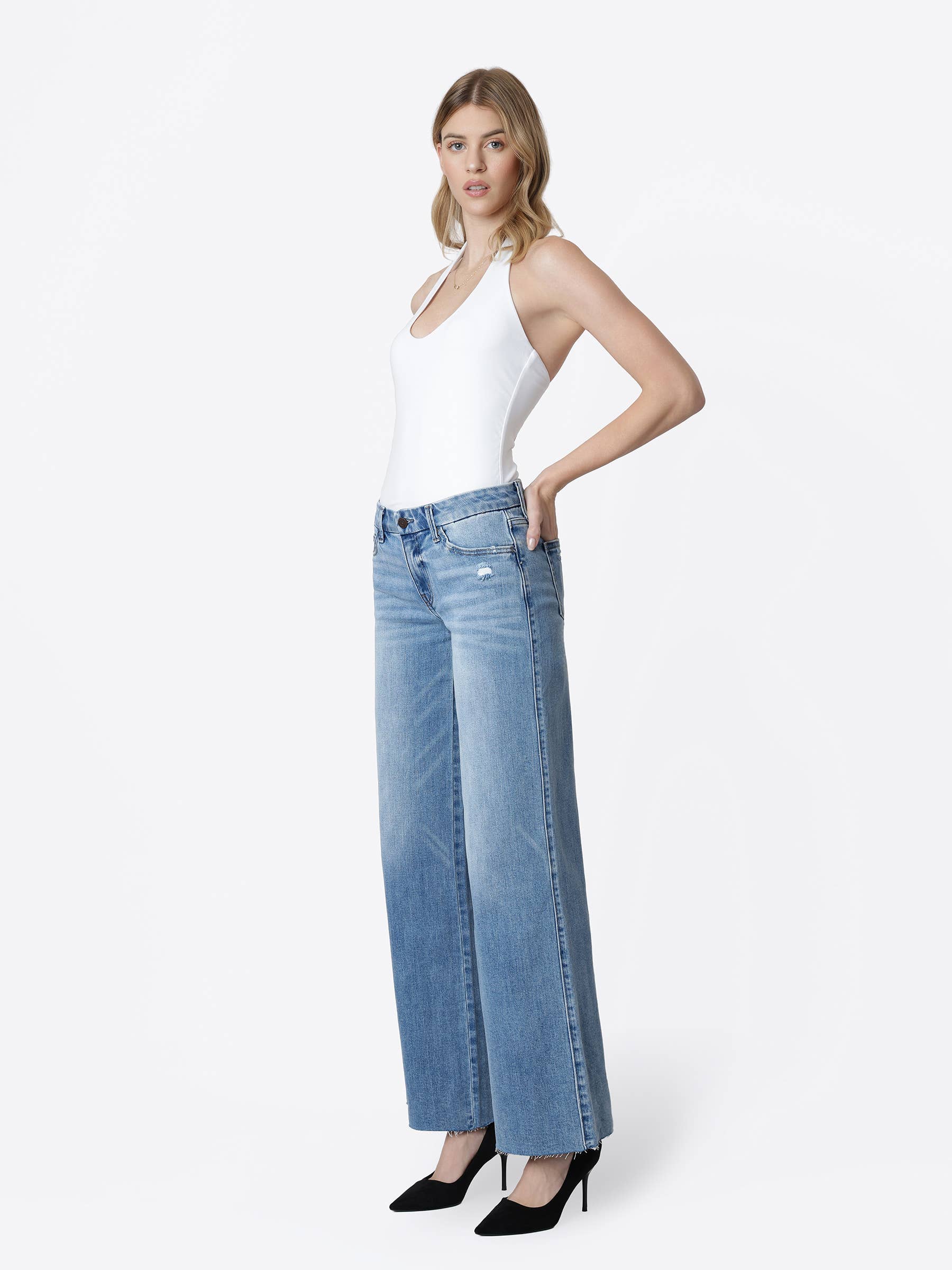 Mid Rise Clean Cut Raw Hem Wide Jeans