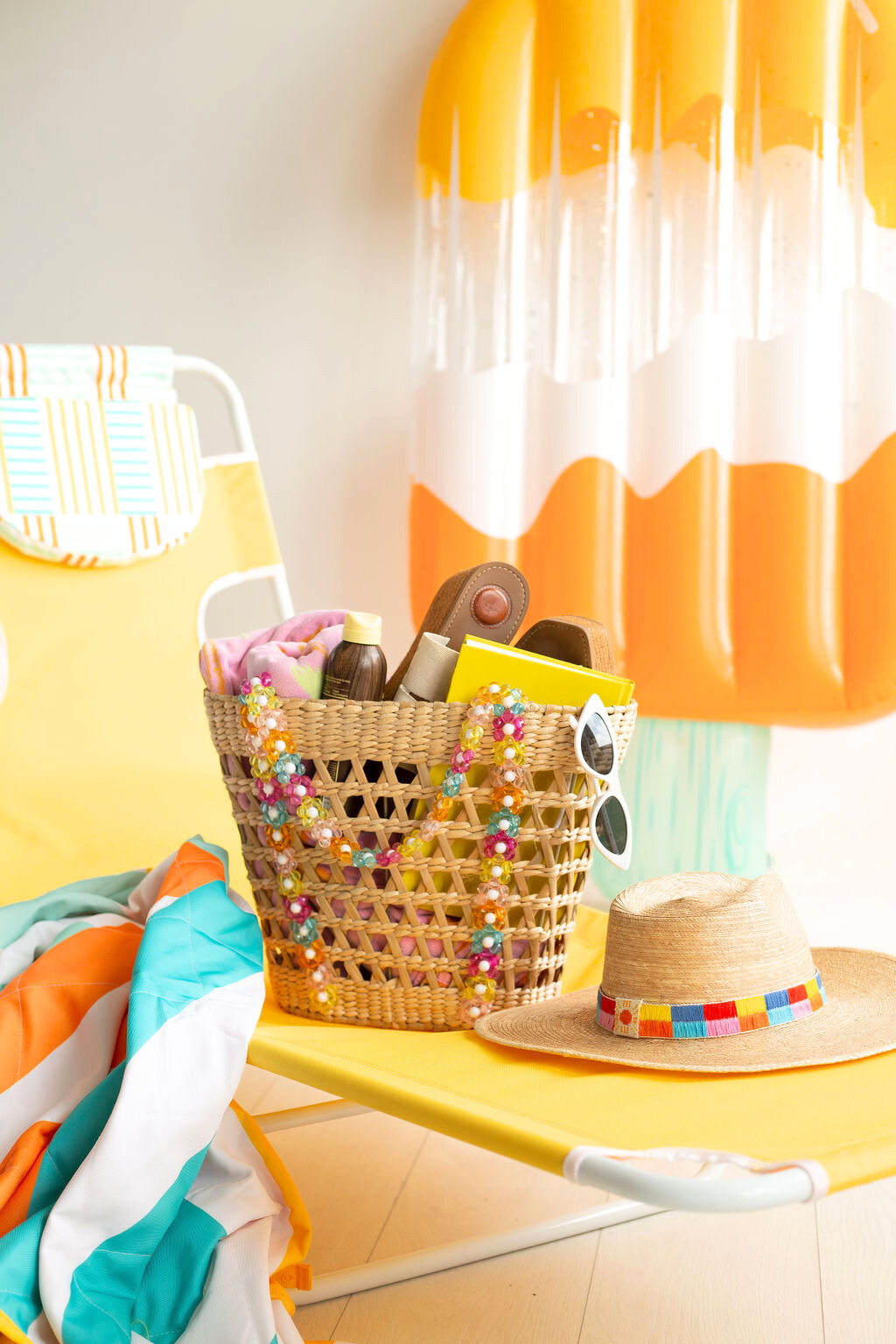 Colorful Beaded Straw Beach Basket Tote
