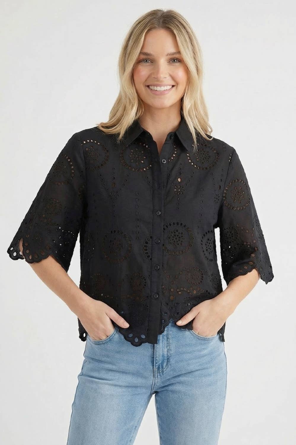 Button Down Eyelet Lace Blouse