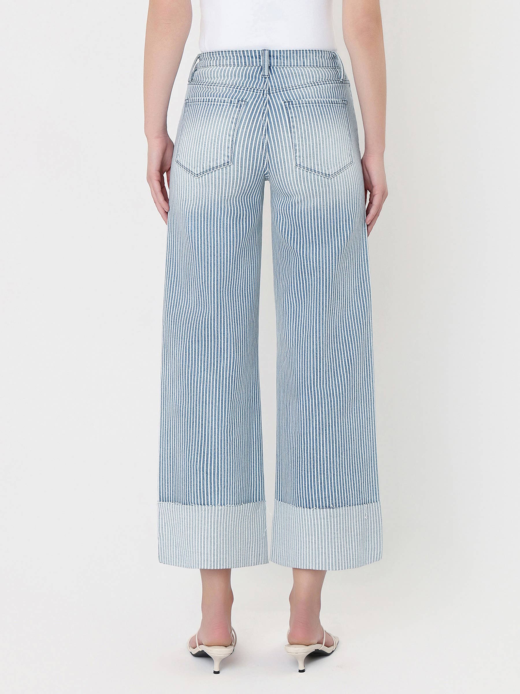 High Rise Cuffed Striped Crop Wide Jeans