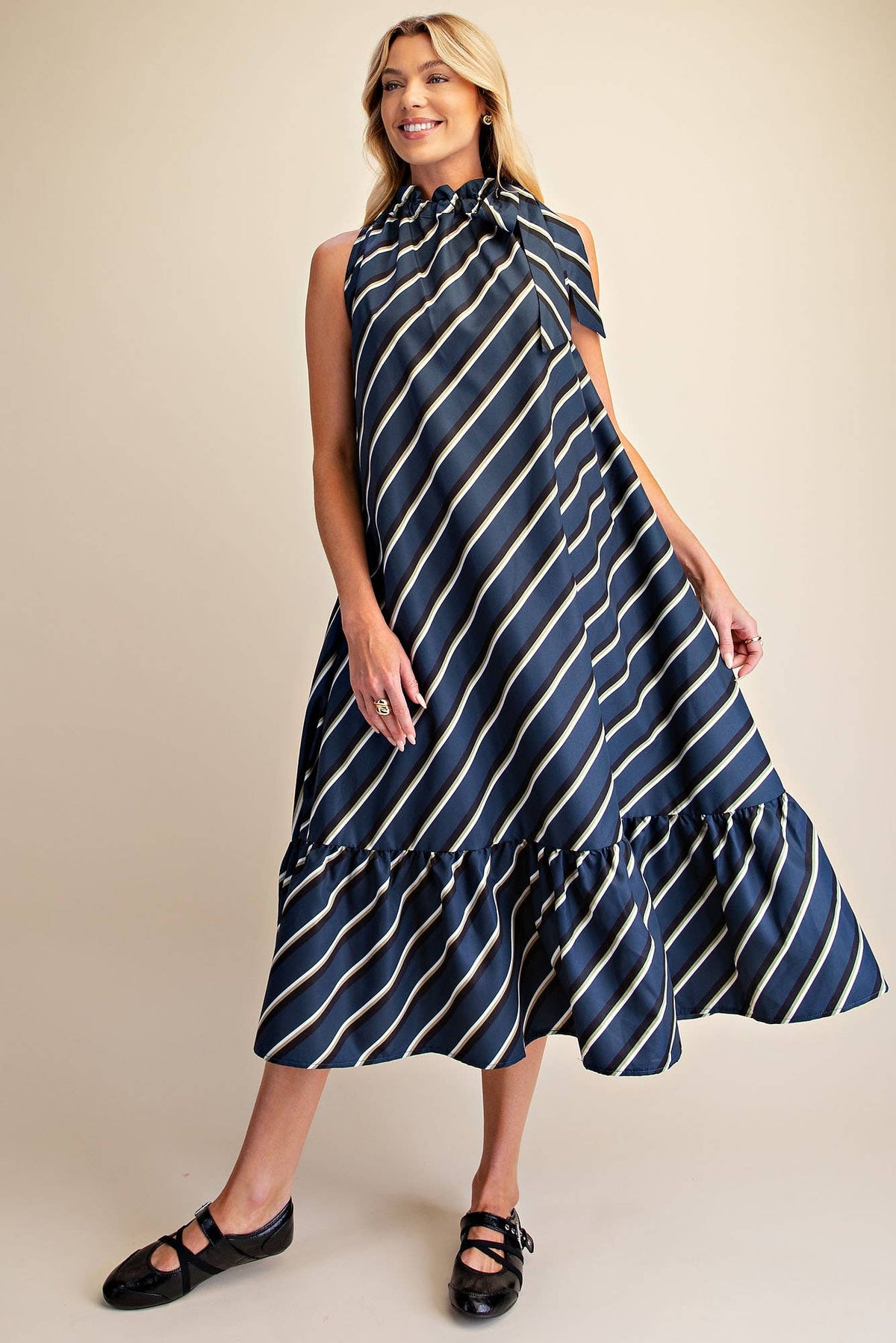 Ruffle Tie Neck Sleeveless Midi Dress