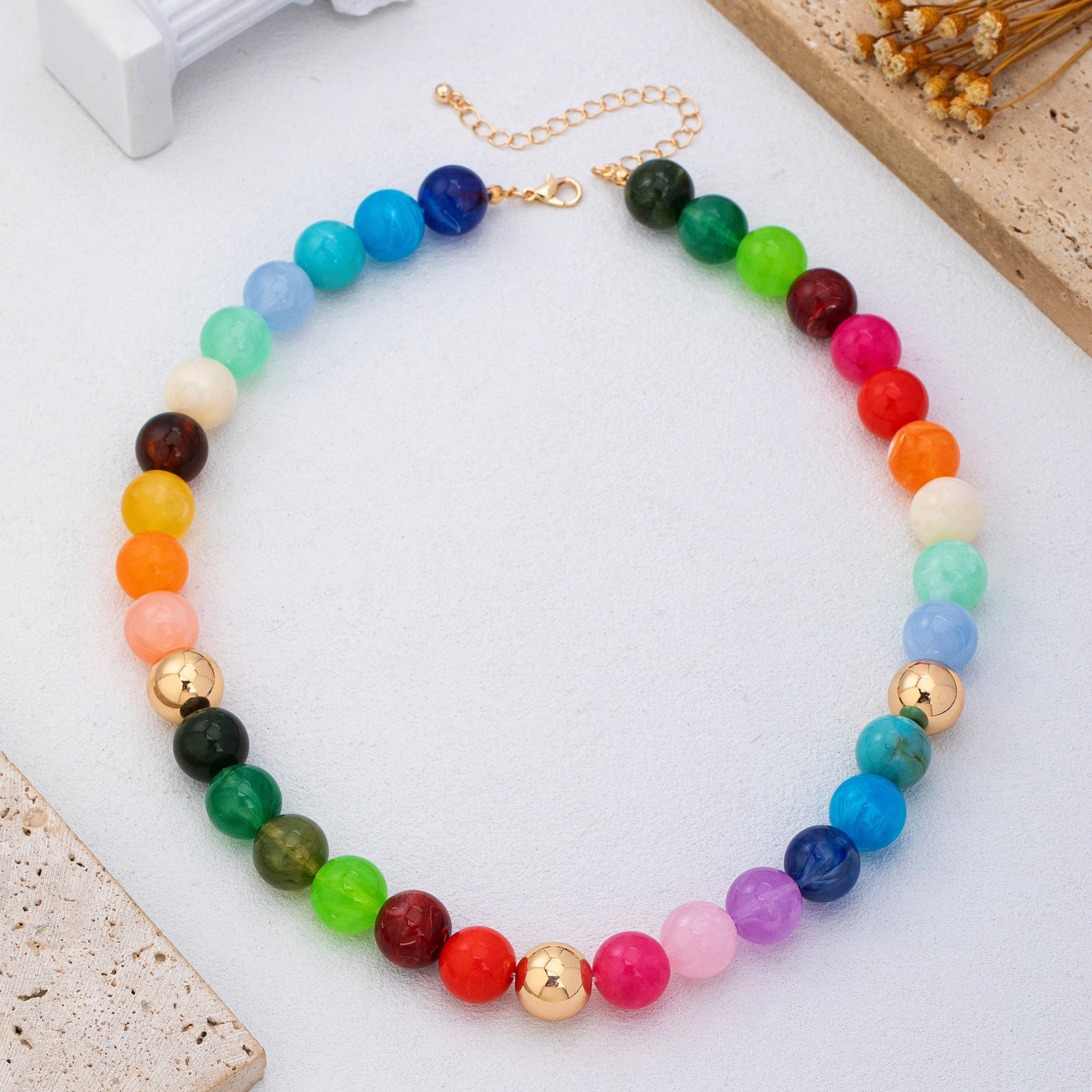 Rainbow Marbled Resin Bead Necklace