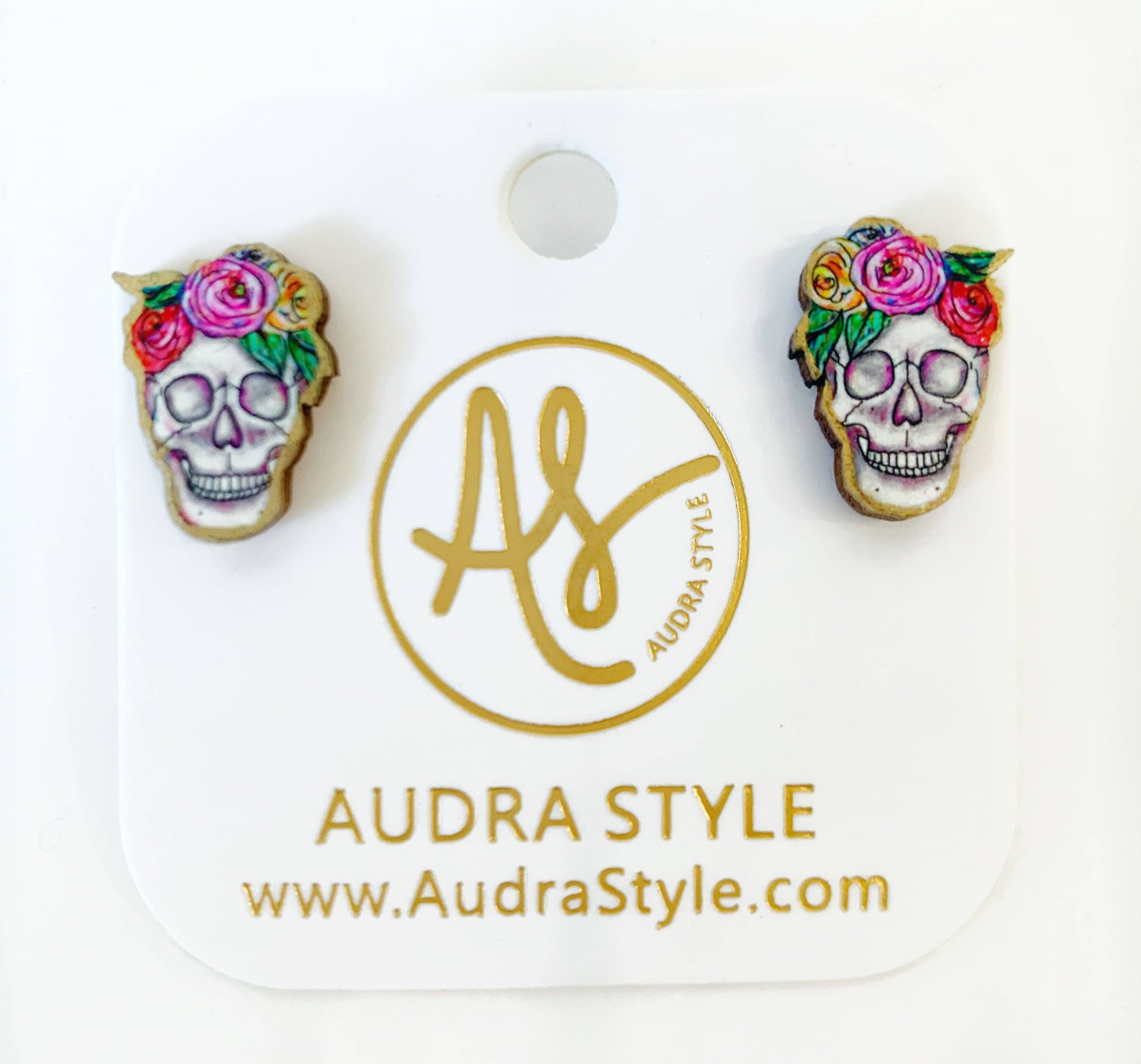 Fall Halloween Statement Earring Floral Skull Studs