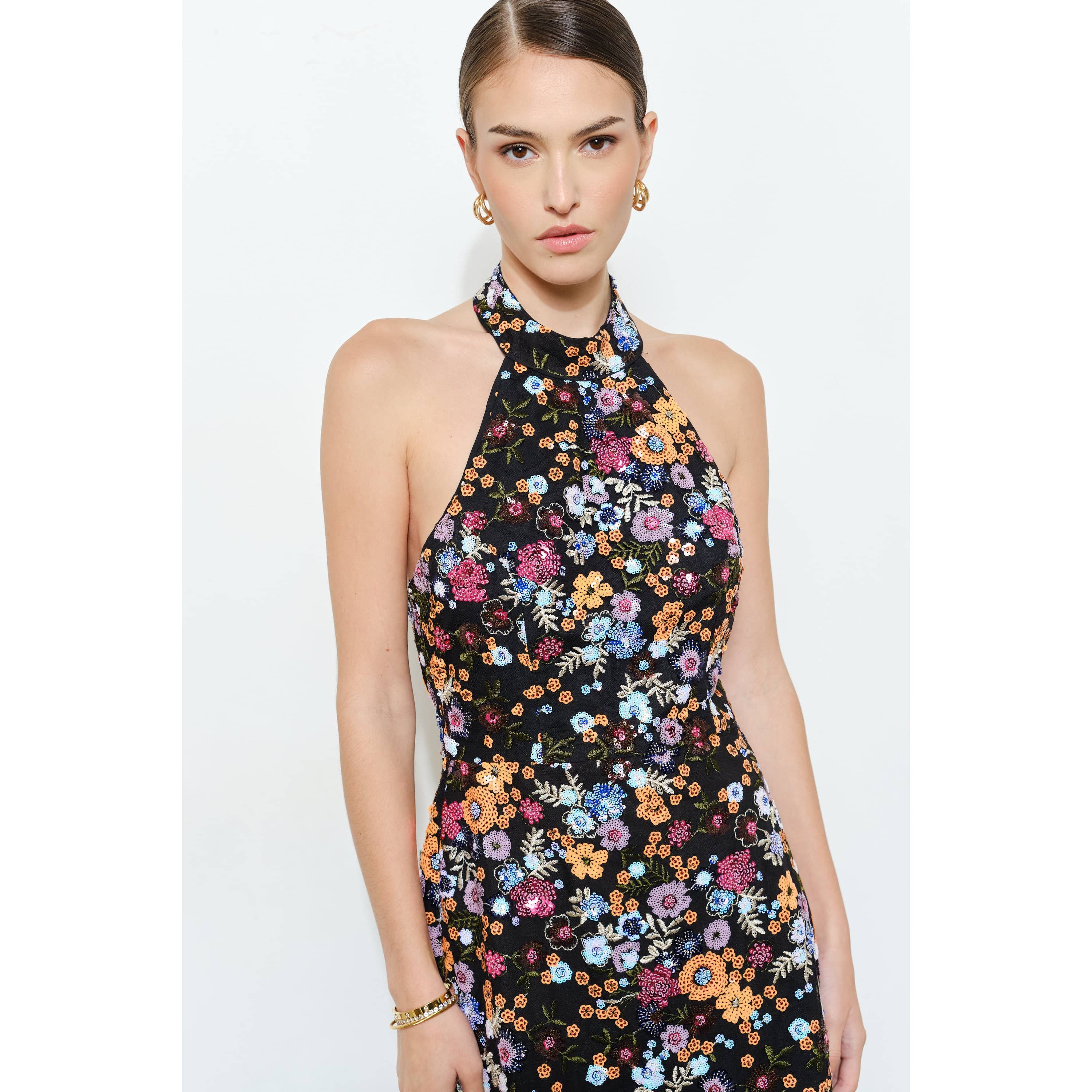 Floral Sequins Embellished Halter Neck Mini Dress