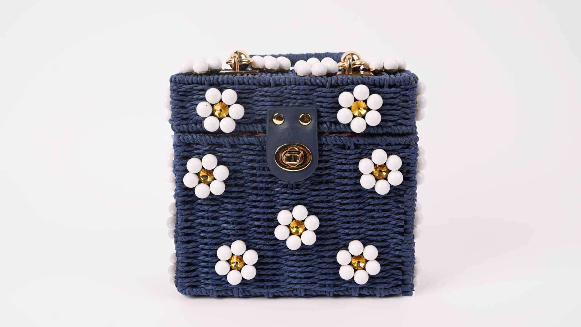 Wicker Bucket Daisy Flower Purse - Navy with White Flowers