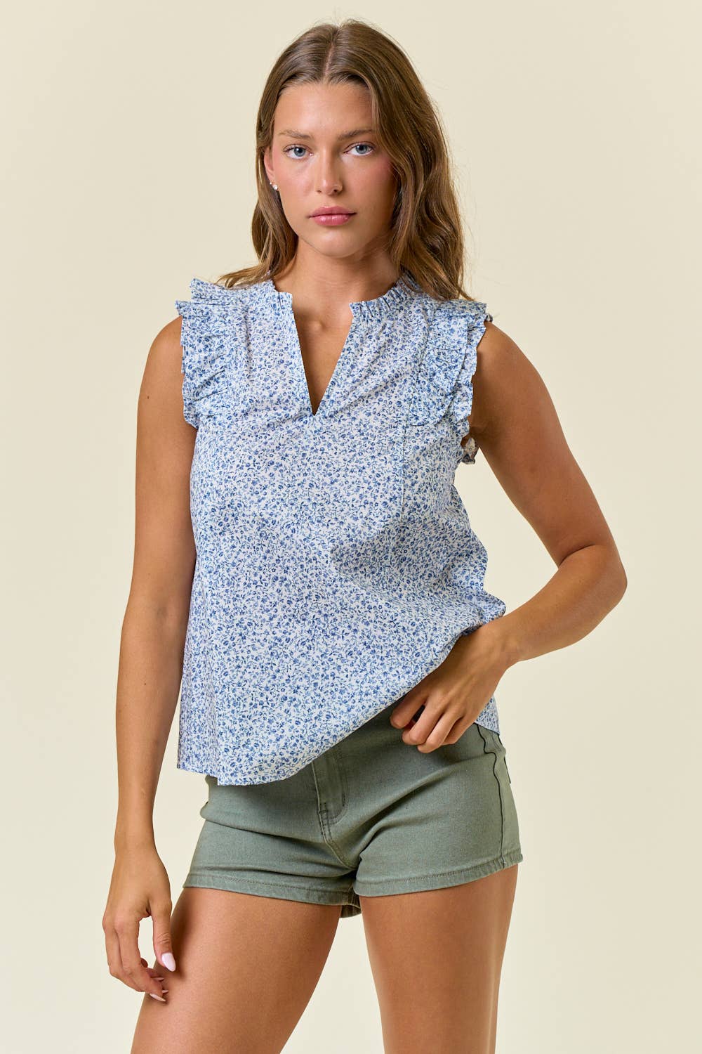 Floral Print Cotton Poplin Ruffled Cap Sleeve Top
