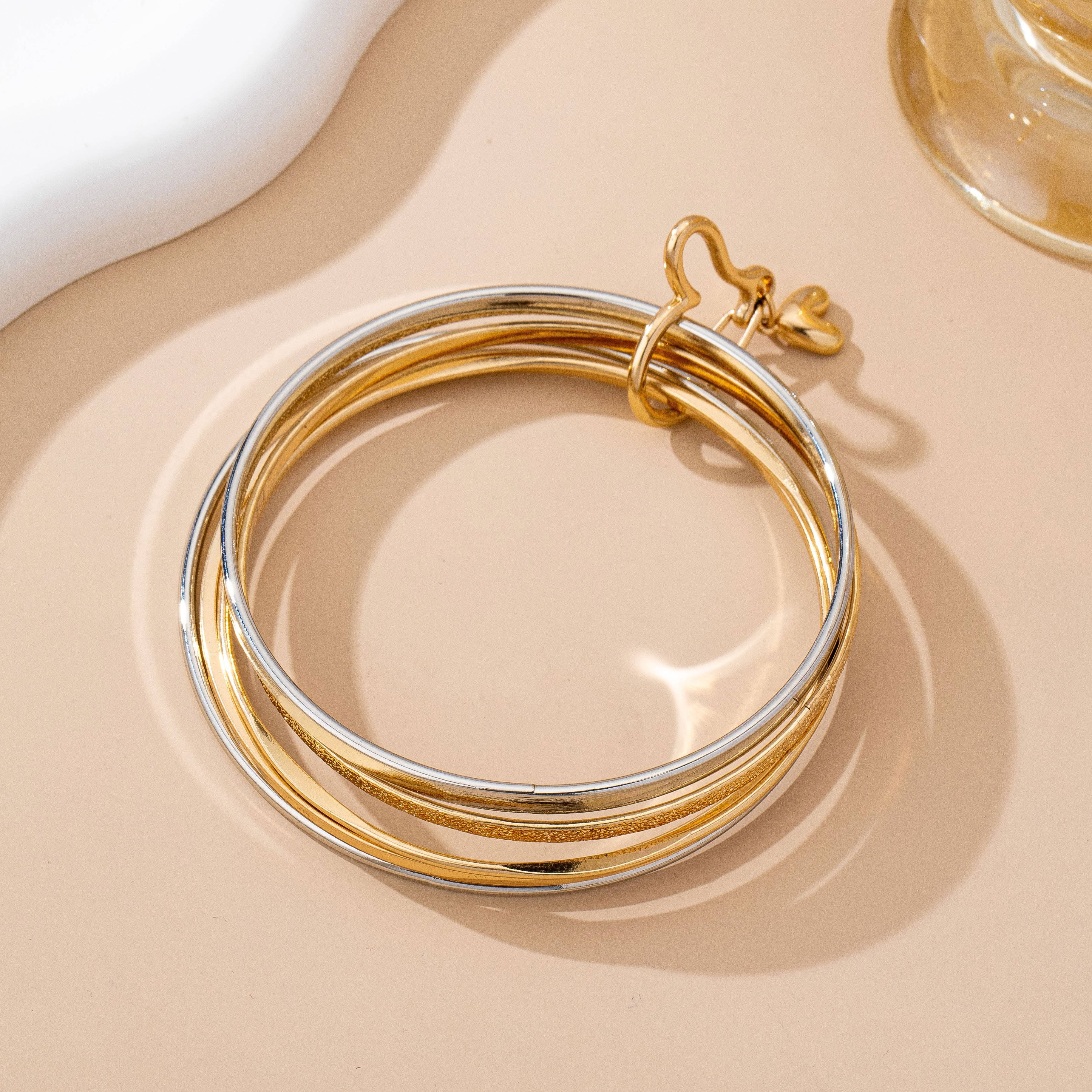 Gold Silver Heart Linked Multi Bangle Bracelet Set