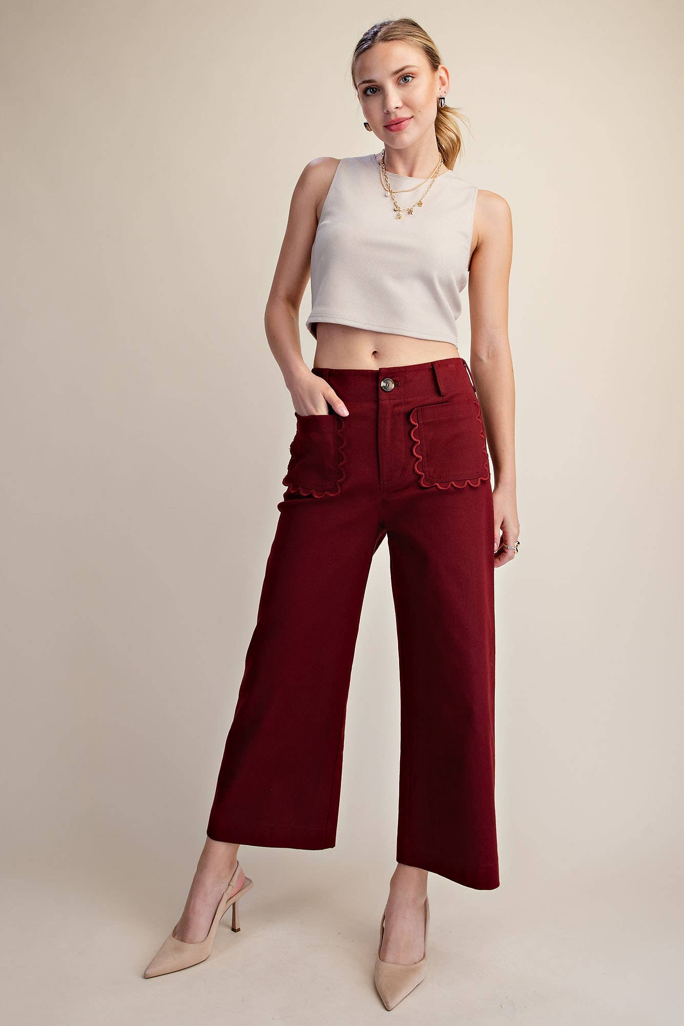 Colette Cropped Scallop Pocket Detail Wide-Leg Pants