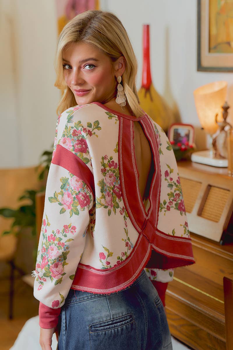 Floral Brushed Terry Open Back Long Sleeve Top
