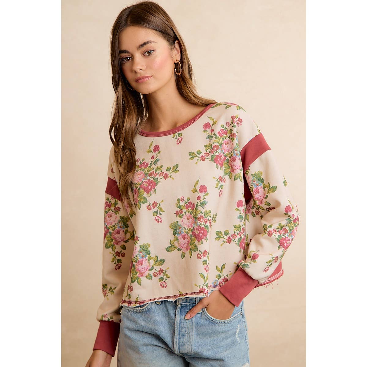 Floral Brushed Terry Open Back Long Sleeve Top