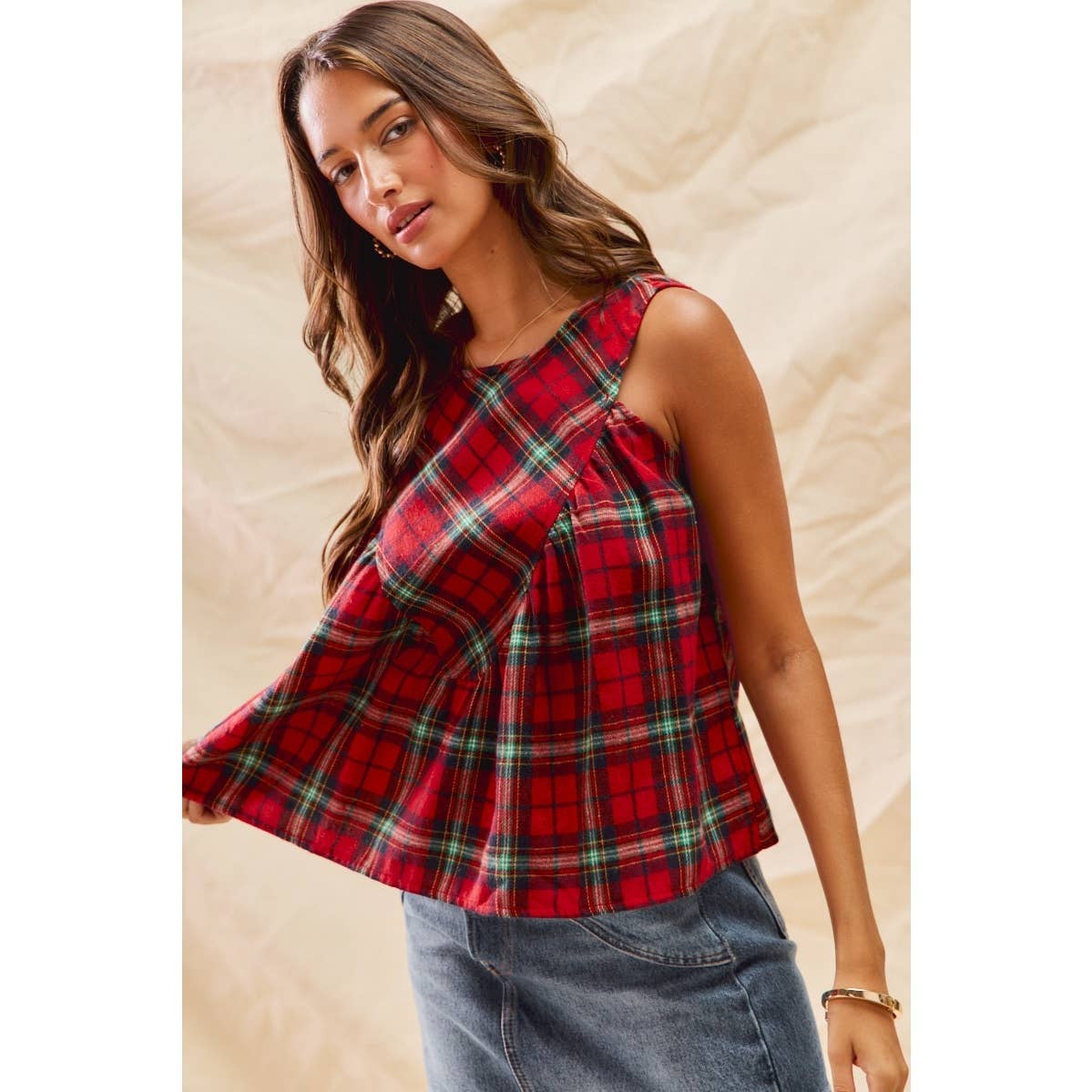 Christmas Checkered Plaid Sleeveless Holiday Top