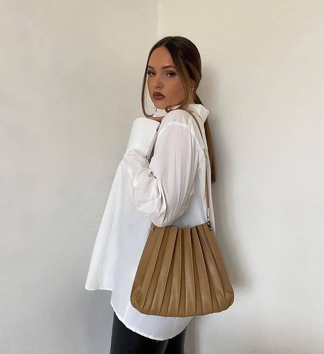Carrie Taupe Pleated Vegan Leather Shoulder Bag