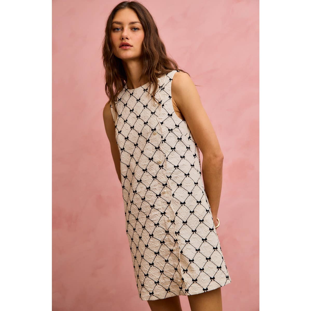Ribbon Jacquard Pattern Dress with Scalloped Side